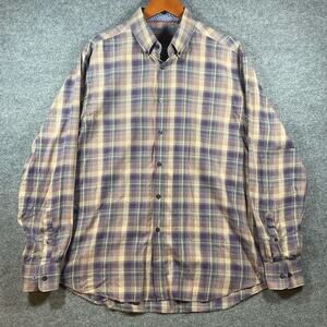 James Tattersall Button Down Shirt Men's XL Purple/Tan Plaid Long Sleeve Casual